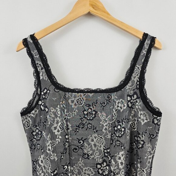 WHBM Tank Top XL Black Lace Silver Gray Floral Dressy Holiday Whimsigoth Grunge - Picture 4 of 11